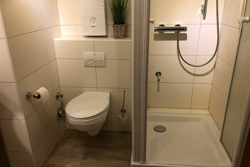 Moderne Badezimmerausstattung mit lila Akzenten.