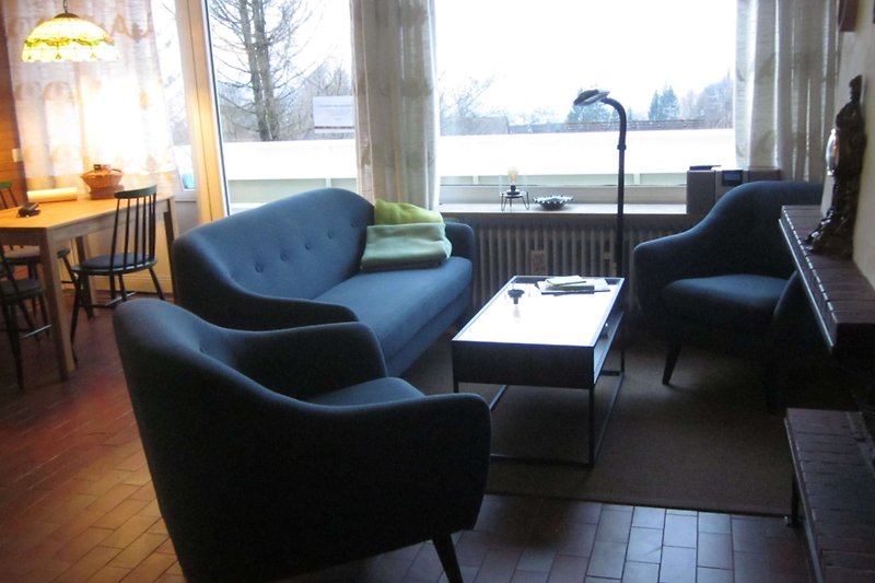 Gemütlicher Wohnraum mit Holzmöbeln, Tisch, Stühlen und Pflanzen.