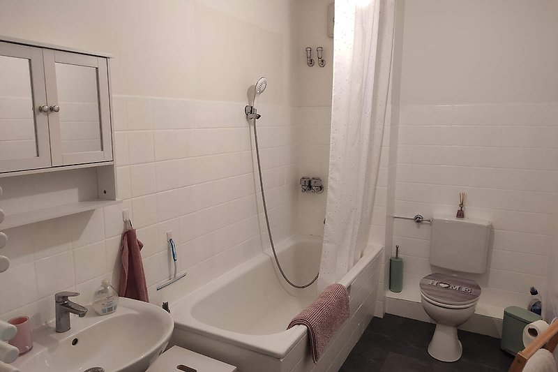 Gemütliches Badezimmer mit lila Wandfliesen und elegantem Waschbecken.