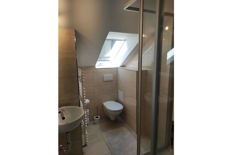 Moderne Badezimmer mit Holzboden, Spüle und Spiegel.