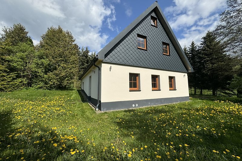 Landelijk huis met blauwe lucht, groen landschap.