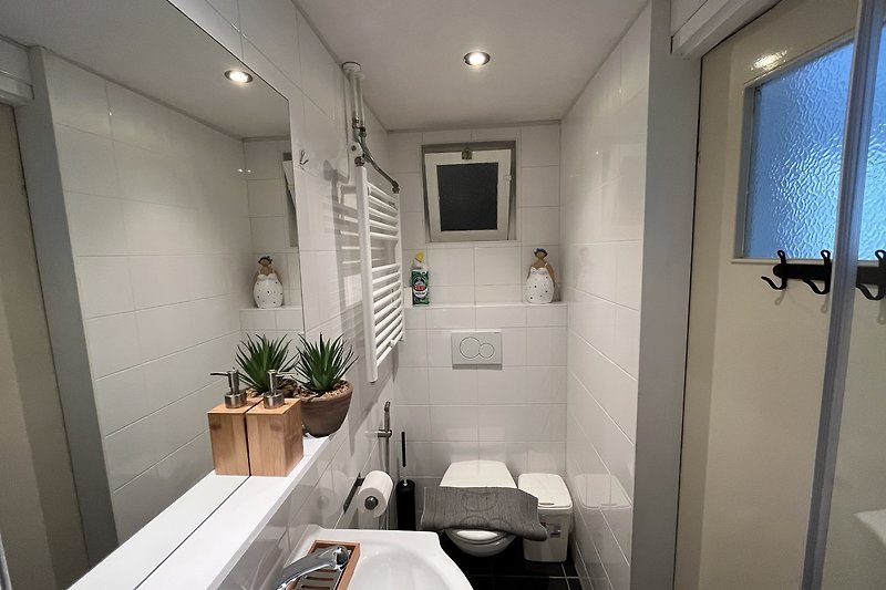 Ein stilvolles Badezimmer mit modernen Armaturen und einer schönen Pflanze.