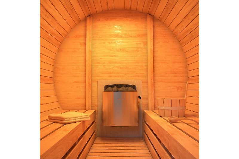 Innenansicht Fass-Sauna (mit Aussendusche auf der Terrasse)