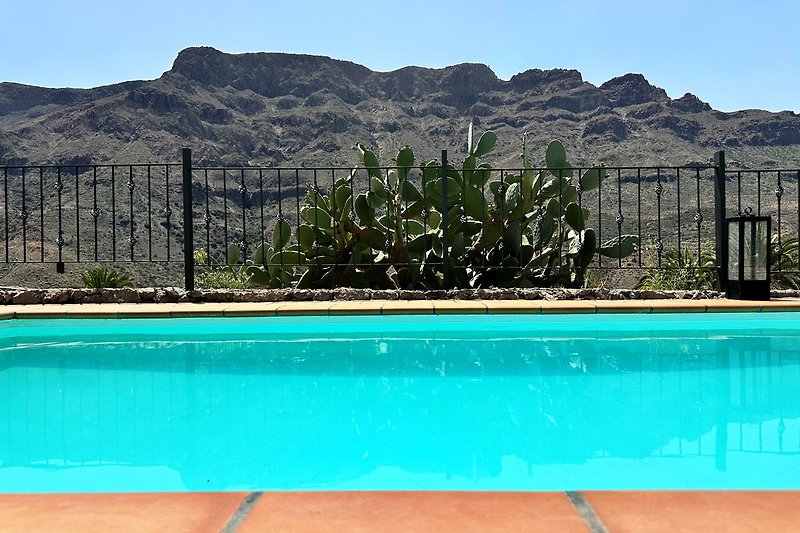 Blick auf Berglandschaft mit Pool und Palmen.