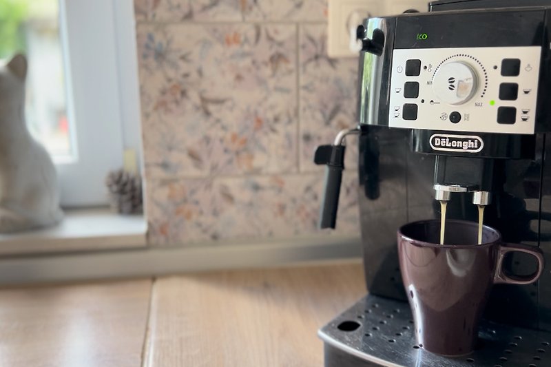 Küche mit Kaffeemaschine und Espressomaschine.