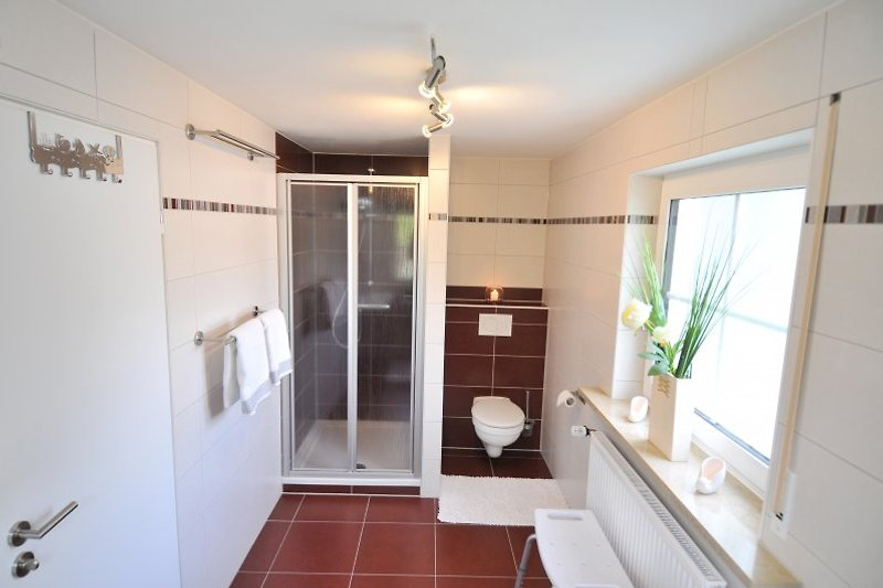 Pas gerenoveerde badkamer met douche, toilet en vloerverwarming.