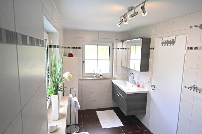 Spiegelschrank und großes Waschbecken (Handtücher vorhanden).