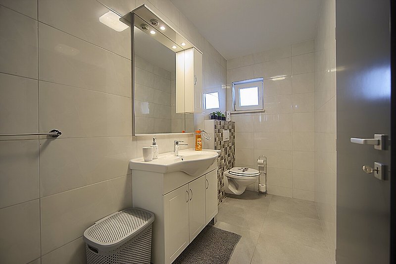 Moderan kupaonski prostor s ogledalom, slavinom i tušem.