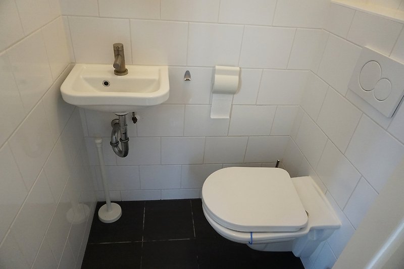 Schönes Badezimmer mit lila Toilette, schwarzer Spüle und Holzboden.