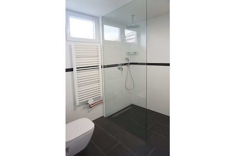 Ein modernes Badezimmer mit stilvoller Dusche und Fenster.