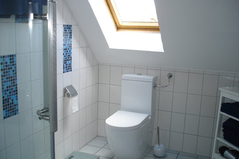 Tageslichtbadezimmer mit Dusche und WC - Ferienhaus Brachvogelweg, Nessmersiel