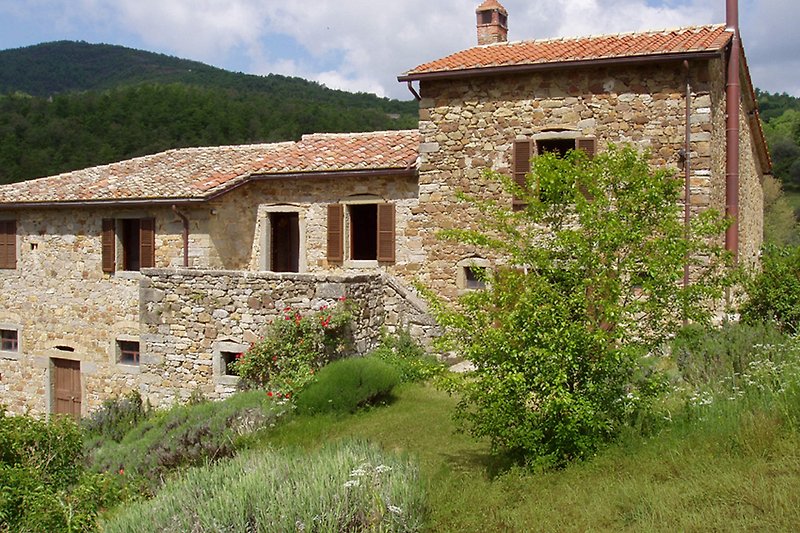 Steinhaus in ländlicher Umgebung mit Bergblick.