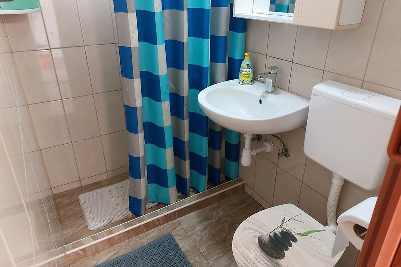 Udobna kupaonica s umivaonikom i ogledalom. Apartman br. 1