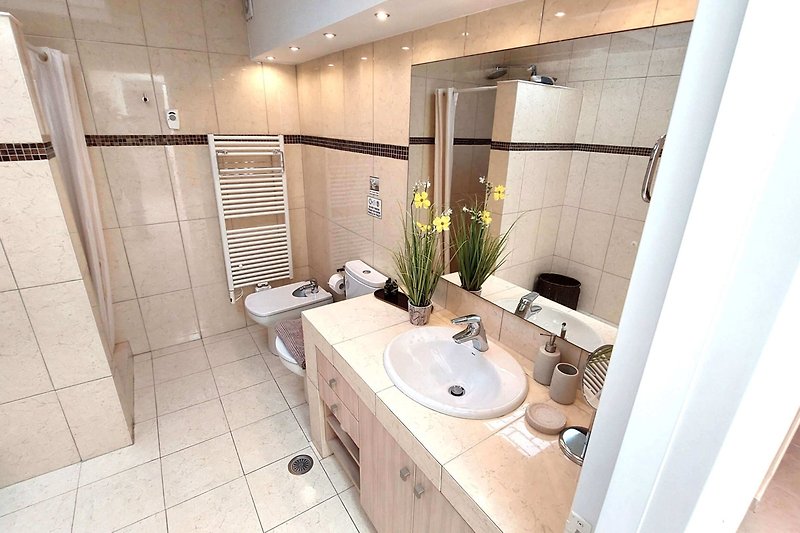 Piękna łazienka z designerskim wyposażeniem i nowoczesnym prysznicem.
