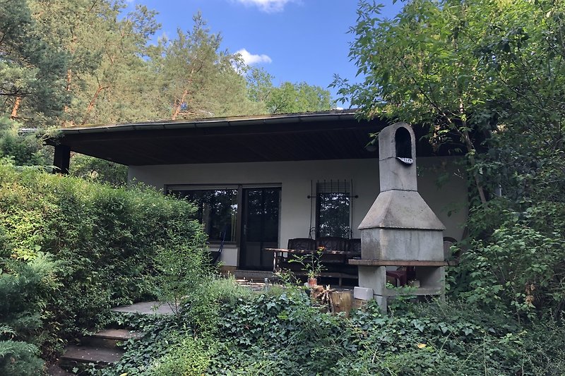 Rustikale Hütte mit weitläufigem Garten und Schuppen.