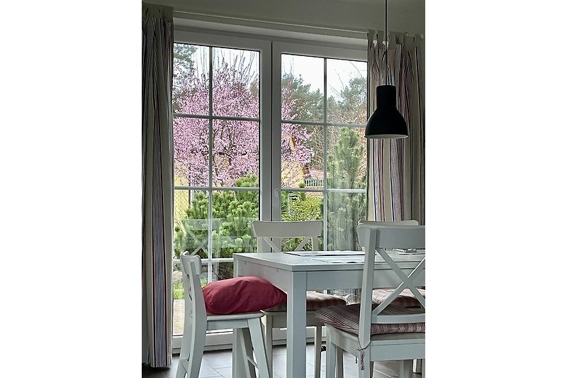 Großes Fenster mit Holzrahmen, Tisch, Stühle, Pflanze.