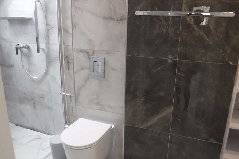 Modernes Badezimmer mit Dusche, Armatur, Glas und Keramik.