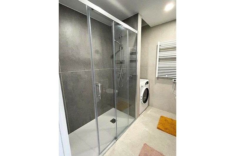 Modernes Badezimmer mit Glasdusche und Aluminiumdetails.