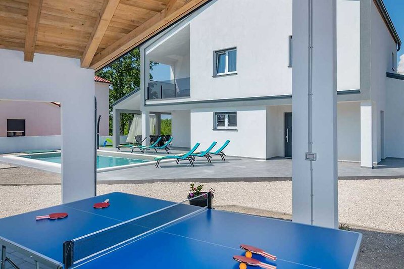 Stellen Sie Ihre Ping Pong-Fähigkeiten am überdachten Tisch von Villa Rovena auf die Probe, Pool-Spaß.