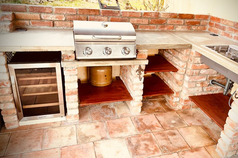 Outdoor kitchen with wine cooler and gas BBQ