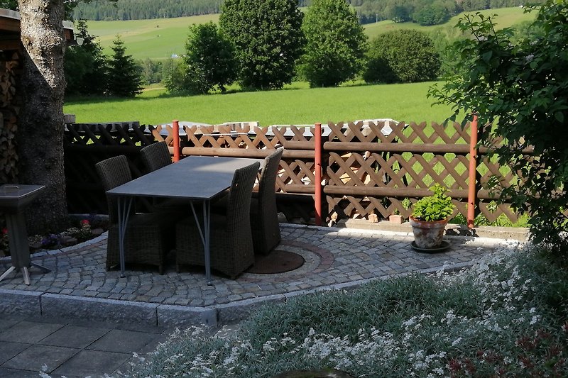 Terrasse mit Pflanzen, Möbeln. Perfekt für Naturliebhaber.
