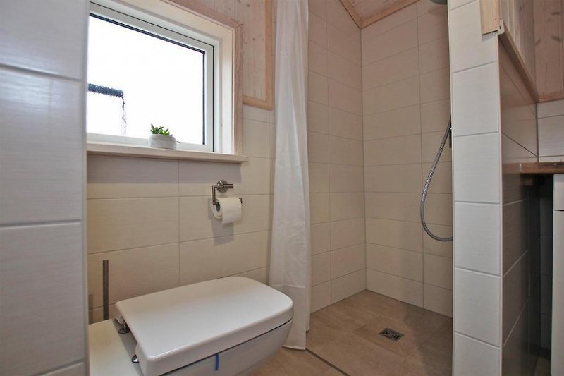 Salle de bain avec douche, sauna