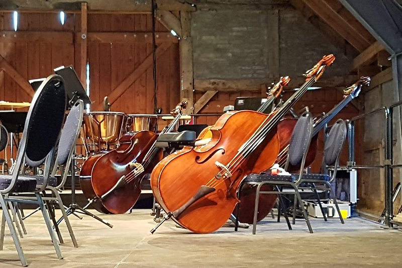 Gemütliche Musikbühne mit Violinen und Cello.