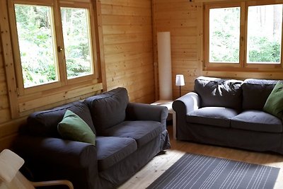 Blockbohlenhaus im Wald in Seenähe