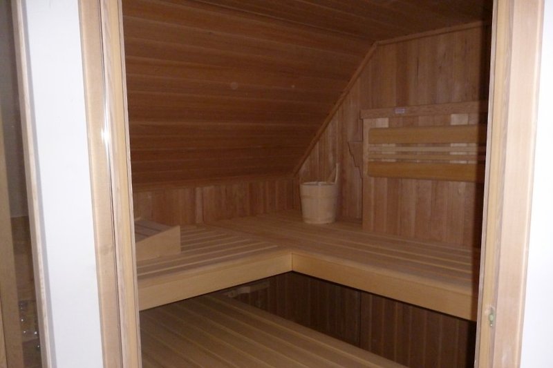 Wellnessbereich mit großer Sauna/Dampfbad für 6 Personen, Große Glasfronten schaffen Weitblick über die Felder
