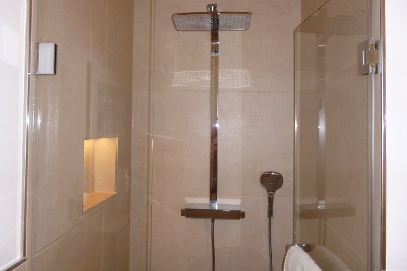 Bodenebener Duschbereich Düne mit 30cm-Raindance-Dusche und Glaswänden