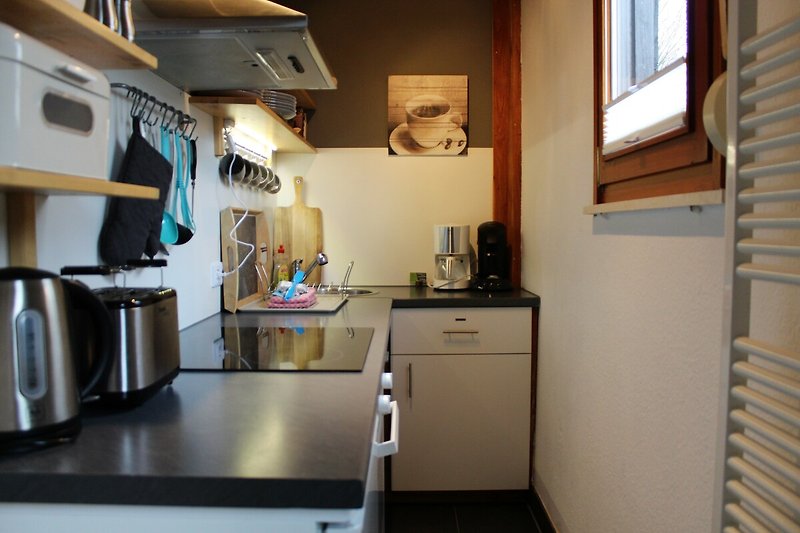 Kleine Küche, gute Ausstattung: Geschirrspüler, Backofen, Senseo und normale Kaffeemaschine