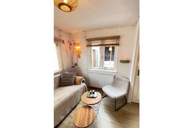 Stijlvolle woonkamer met comfortabele bank en chique verlichting.