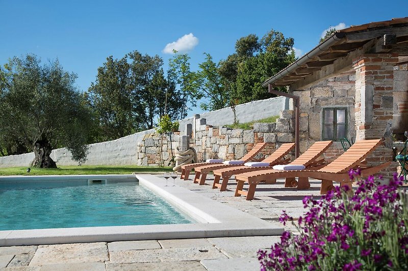Schönes Ferienhaus mit Pool, grüner Landschaft und gemütlicher Außenmöblierung.