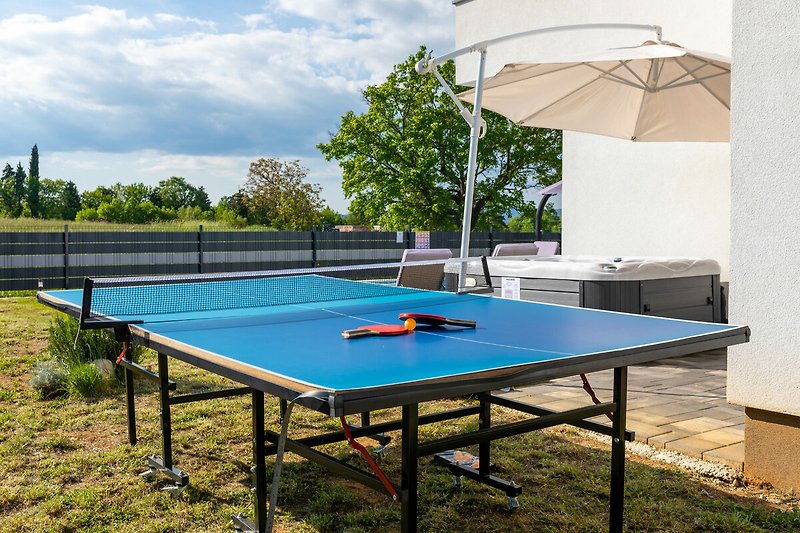 A sunny outdoor area with a table tennis racket, swimming pool, and outdoor furniture.