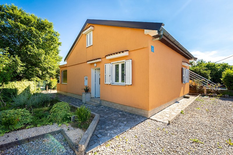 Gemütlicher Garten mit Bäumen, Rasen und Holzschuppen.