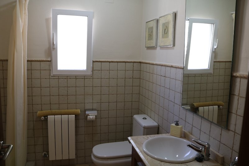 Badezimmer mit lila Akzenten, Spiegel und Fenster.