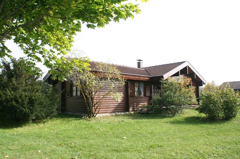 Schönes Holzhaus mit Fenstern und grüner Landschaft.