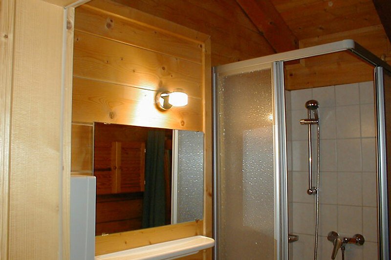 Gemütliches Badezimmer mit stilvoller Dusche und Holzverkleidung.