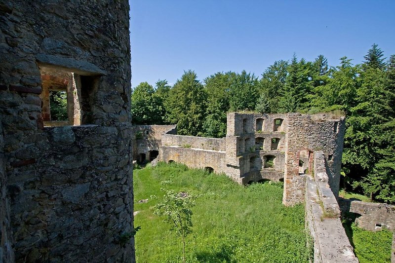 Historisches Gebäude mit mittelalterlicher Architektur, umgeben von ländlicher Landschaft und Ruinen.