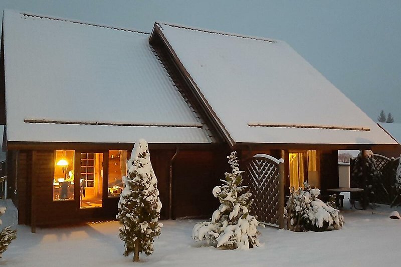 Schneebedecktes Holzhaus mit winterlicher Landschaft und frostigen Bäumen.