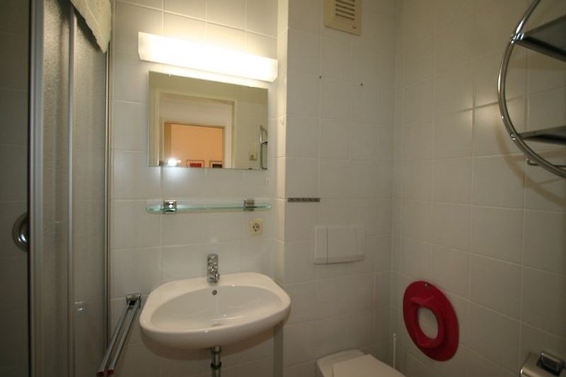 Badezimmer mit Spiegel, Wasserhahn, Waschbecken und Fliesen.