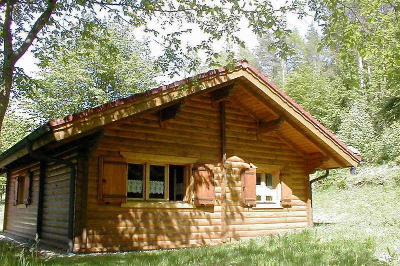Gemütliche Holzhütte mit schönem Garten und Blick auf die Natur.