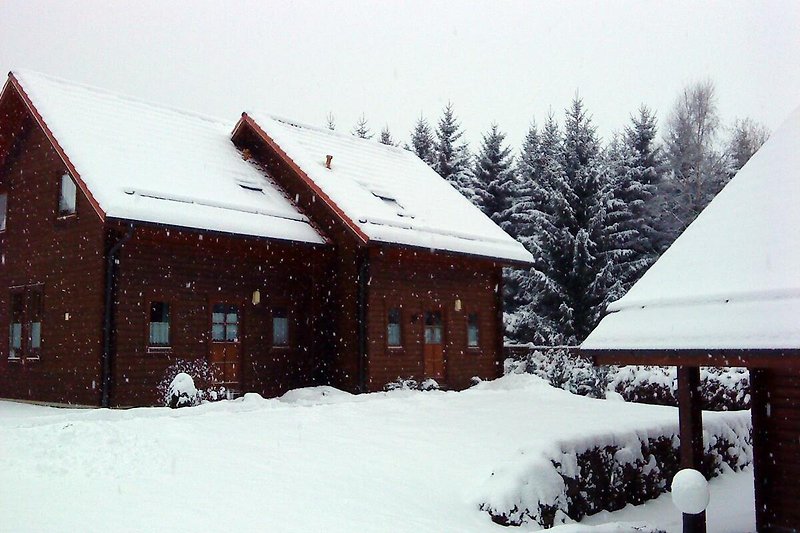 Schneebedeckte Hütte mit Holzdach und Kamin in winterlicher Landschaft.