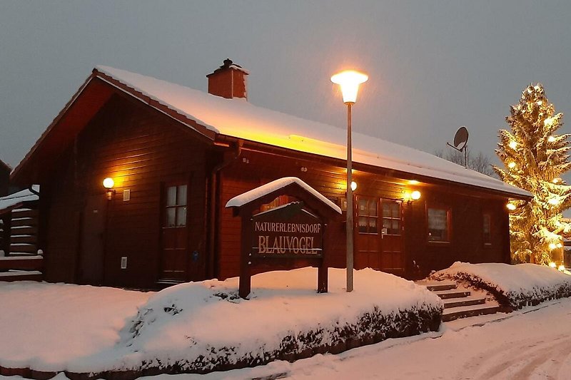 Schneebedecktes Holzhaus mit winterlicher Landschaft und gemütlicher Beleuchtung.