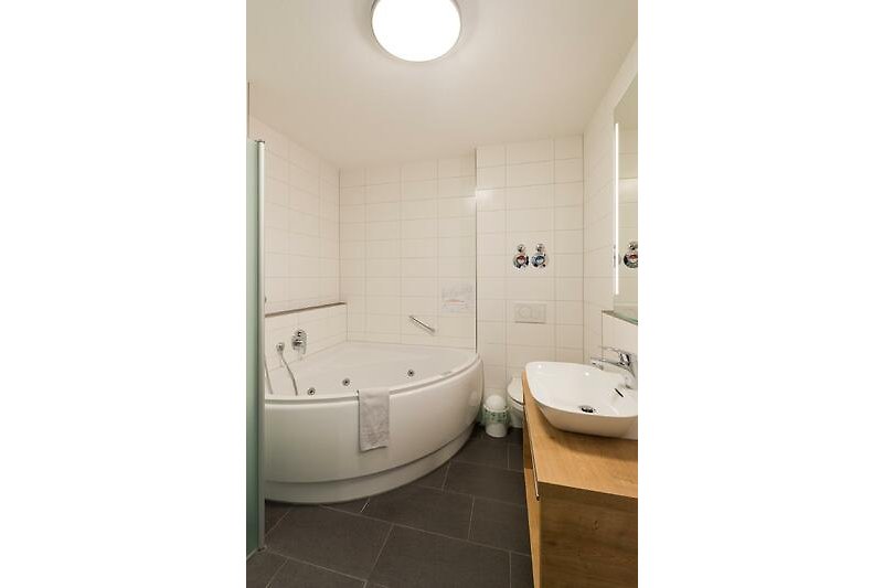 Ein stilvolles Badezimmer mit Dusche, Waschbecken und Badewanne.