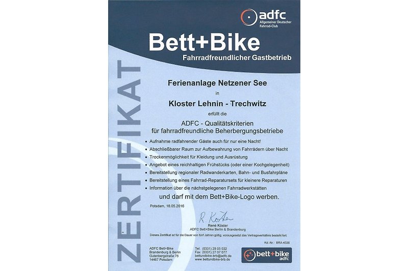 Zertifikat Bed & Bike