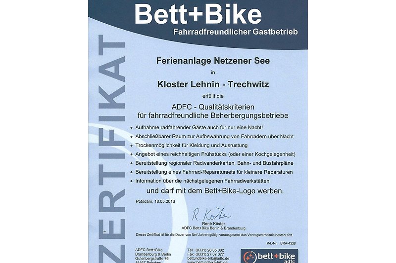 Bett & Bike Zertifikat