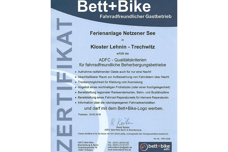 Bett & Bike Zertifikat