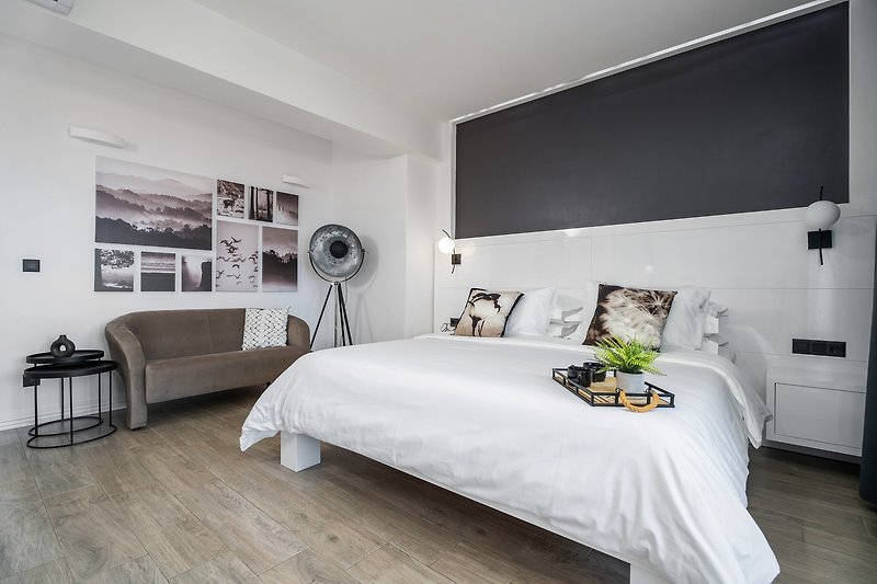 Bedroom No1 with double bed 180x200cm, sofa bed, en-suite bathroom, terrace