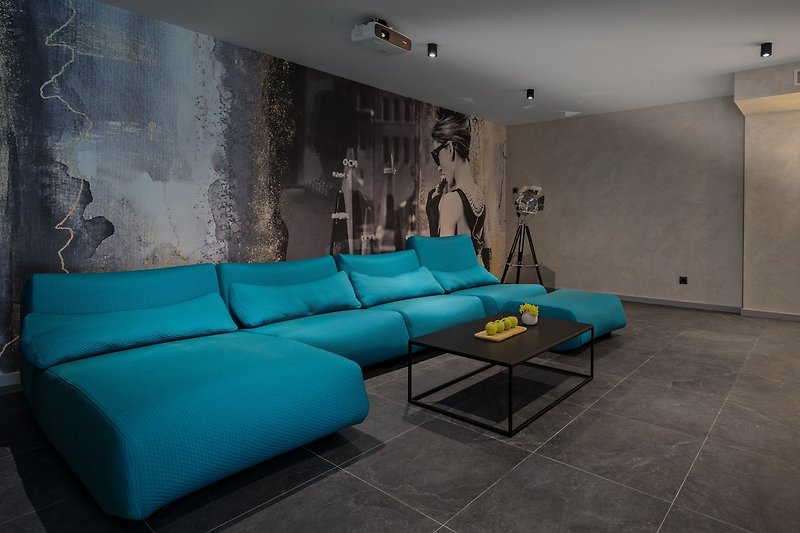 Der Kinoraum (32 m2) bietet ein stilvolles und bequemes Sofa, einen Projektor, Klimaanlage und kostenloses WLAN